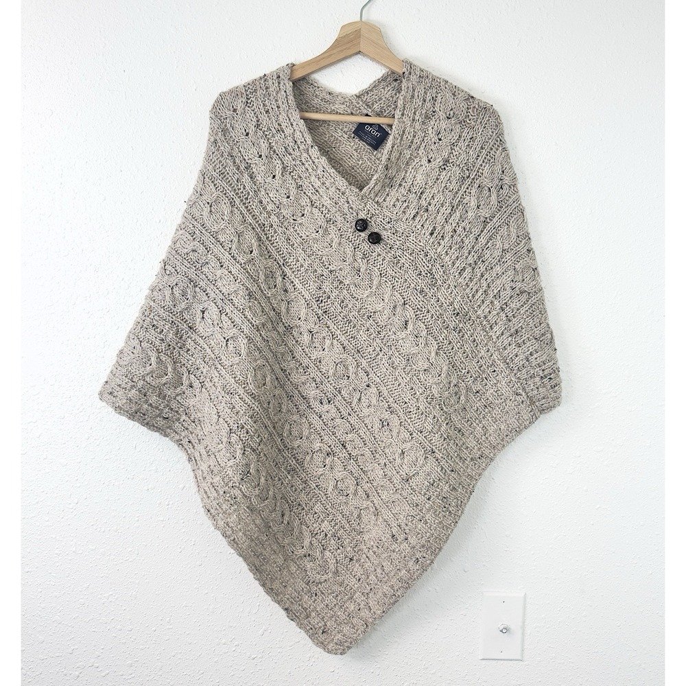 ARAN Irish Knit Beige Market Poncho Cape Womens Cable Merino Wool Sweater S/M